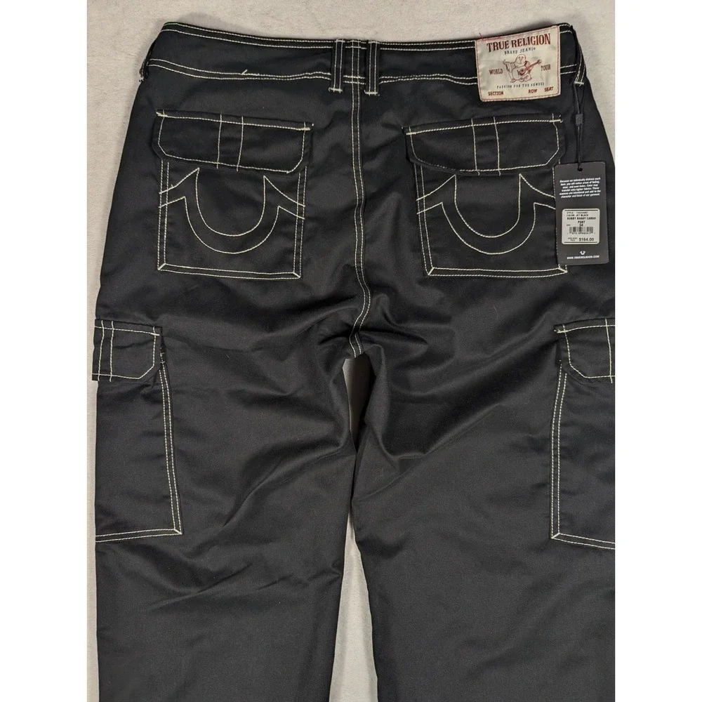NEW True Religion Bobby Baggy Cargo Pants Jet Black Contrast Stitch Mens 34